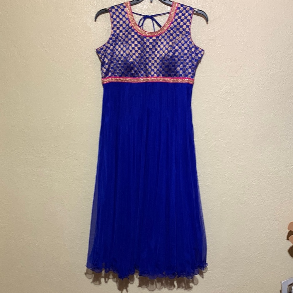 Party Dress Blue Pink Gold Handmade Ruffles Size L XL Indian Style Sleeveless